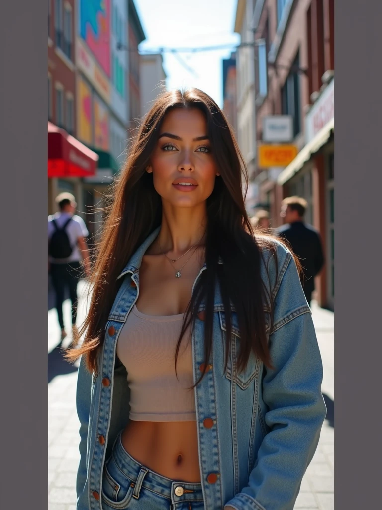 A woman named Mia, Instagram influencer model, 30 years old, blue eyes, waist-length ((long straight dark brown hair)), full voluminous lips, oval face, texture skin, wearing a top with a jean jacket. Walking around the city