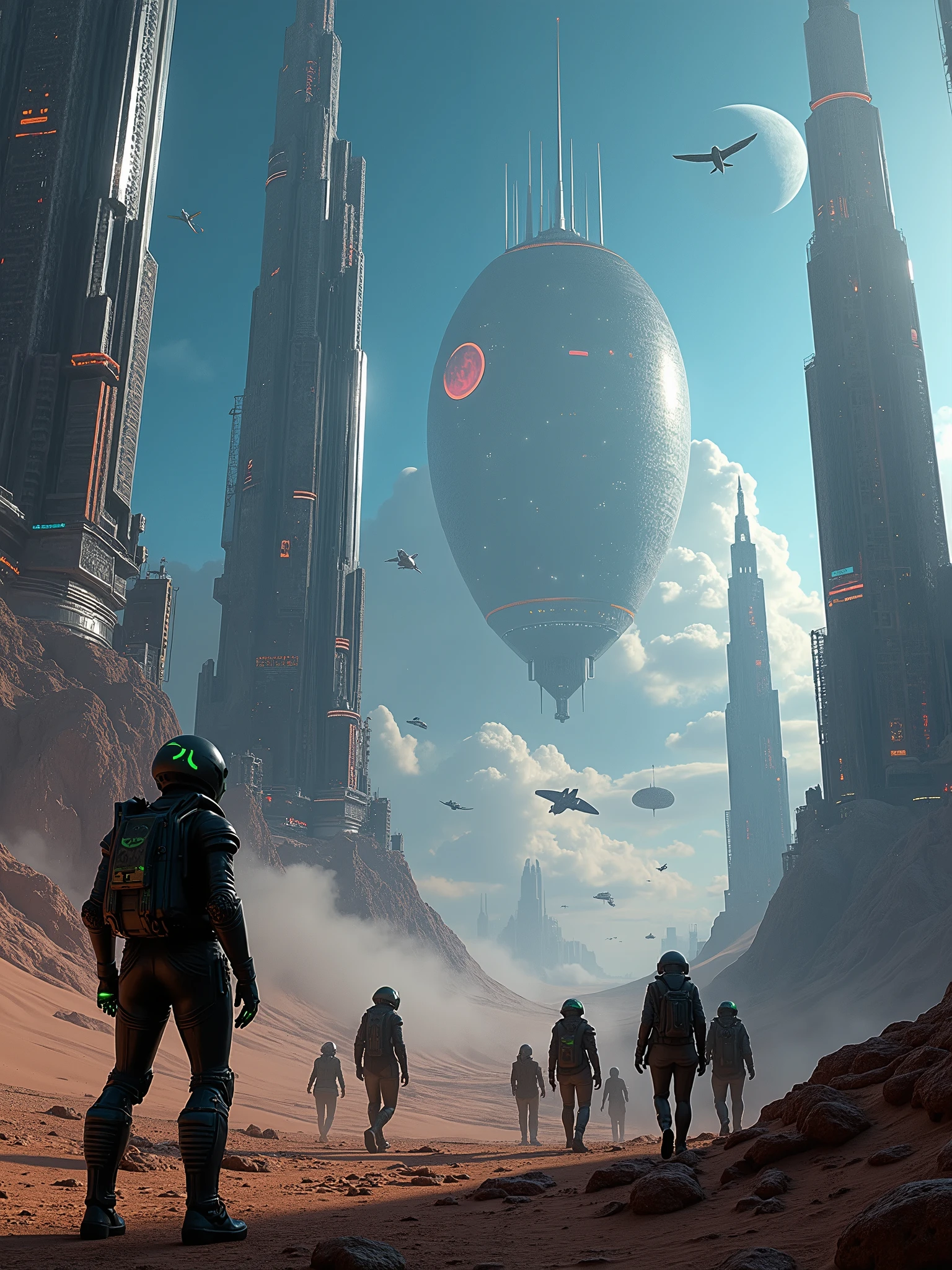 “Epic sci-fi landscape captured in stunning Super Panavision 70mm, a massive futuristic city with towering skyscrapers and flying vehicles, glowing neon lights reflecting off sleek metallic surfaces. In the foreground, bizarre alien creatures with bioluminescent skin walk alongside humanoid travelers in futuristic armor. A vast alien desert stretches into the distance, with colossal, insect-like creatures roaming the dunes. Massive planets and moons hover in the sky, casting an eerie glow. Starships soar above, battling in the upper atmosphere, while strange, flying beasts with luminous wings circle the skyline. Deep blues and purples of a distant galaxy, ultra-high detail, cinematic lighting, wide-angle lens, atmospheric haze.”