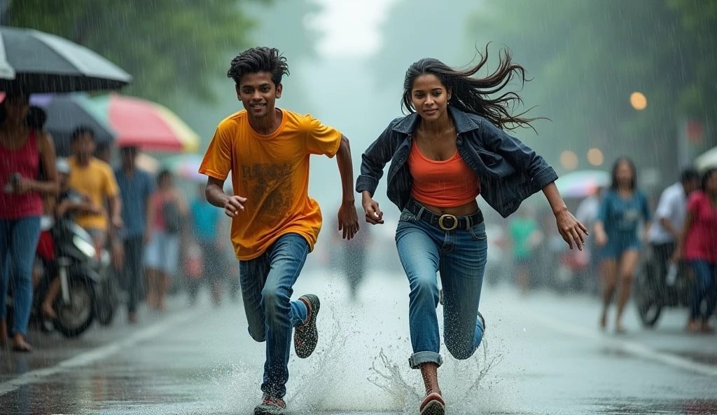 A boy age 27 from south india he wear jeans and tshirt and a girl age 25 from north india looks very stylish. And she wears Western wear. Both of them are running in rain on street road to find shelter. "Realistic, intricate details, vibrant colours.