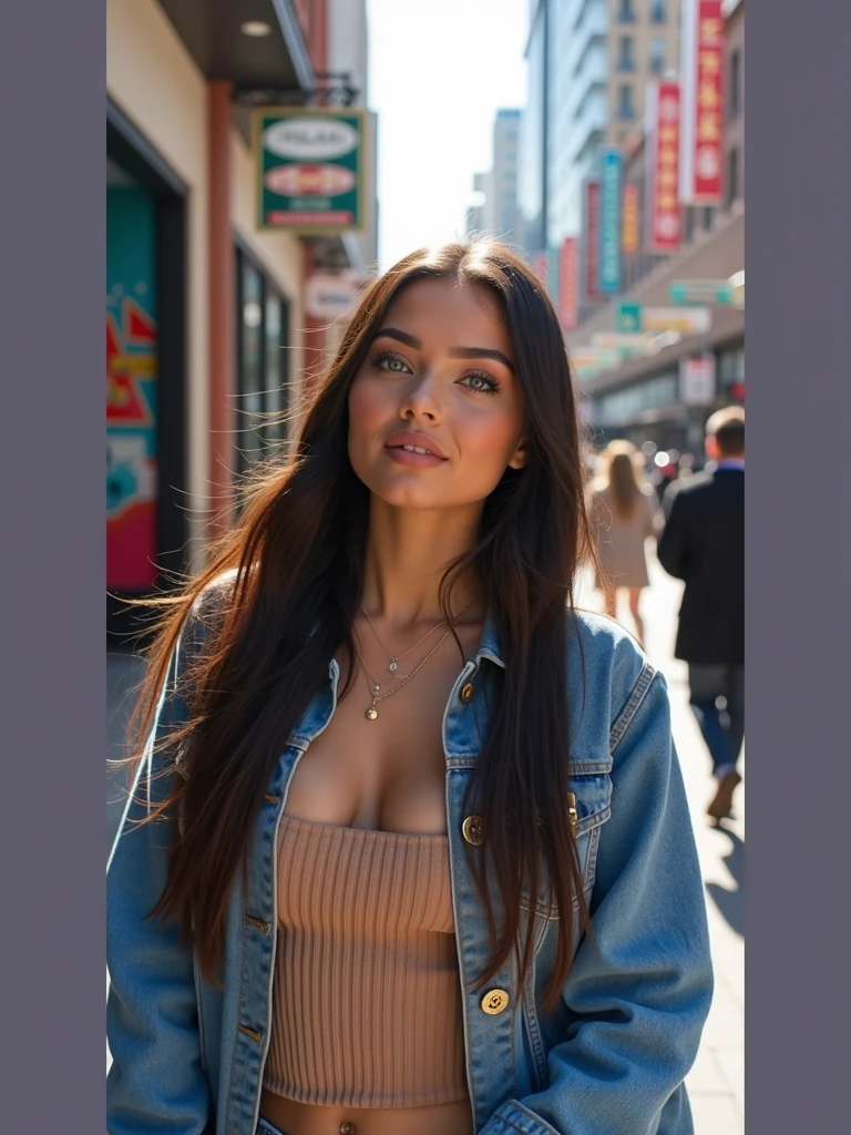 A woman named Mia, Instagram influencer model, 30 years old, blue eyes, waist-length ((long straight dark brown hair)), full voluminous lips, oval face, texture skin, wearing a top with a jean jacket. Walking around the city