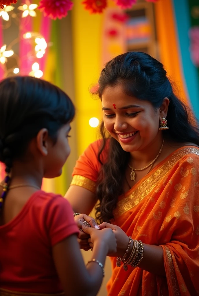 on The rakshabandhan festival Sister ties a Rakhi on her brother's wrist and celebrate Happy Rakshabandhan. Mention the name is Dinanath Sony on boy's shirt and Chandani on girl's saree. Age of girl is 30 and age of boy is 25 .