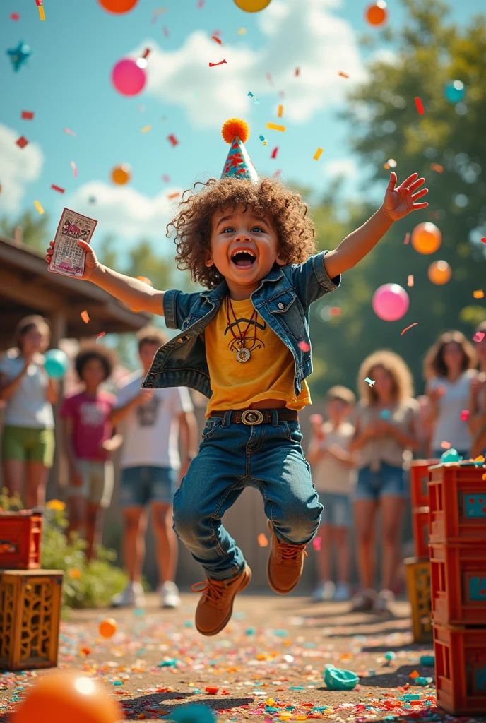 The son of a poor family wins the lottery and celebrates in a completely crazy and exaggerated way, as if he were completely out of his mind.