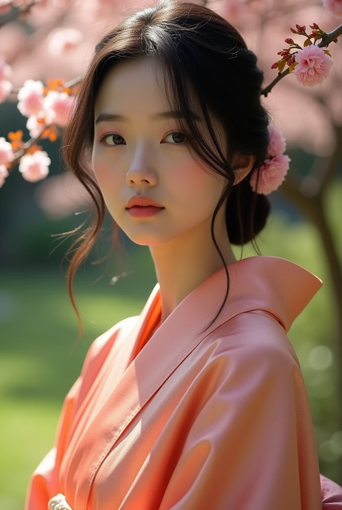 An elegantly dressed Japanese woman in natural light、A close-up of her chest and calm expression.、It shows her inner peace and outer charm.。
