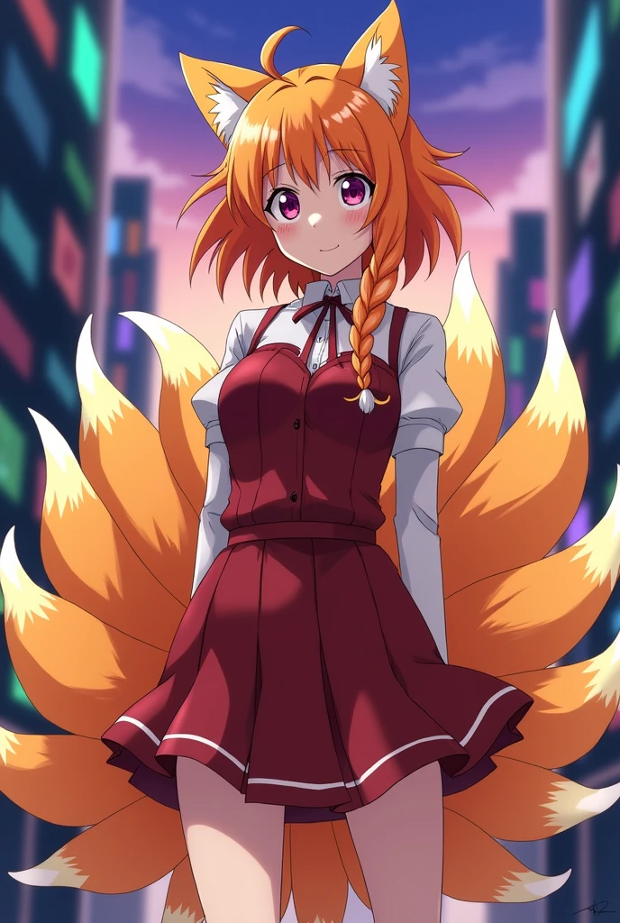 A girl with orange hair and a white strand, with 9 kitsune fox tails, anime style like My Hero Academia, with his U uniform.A