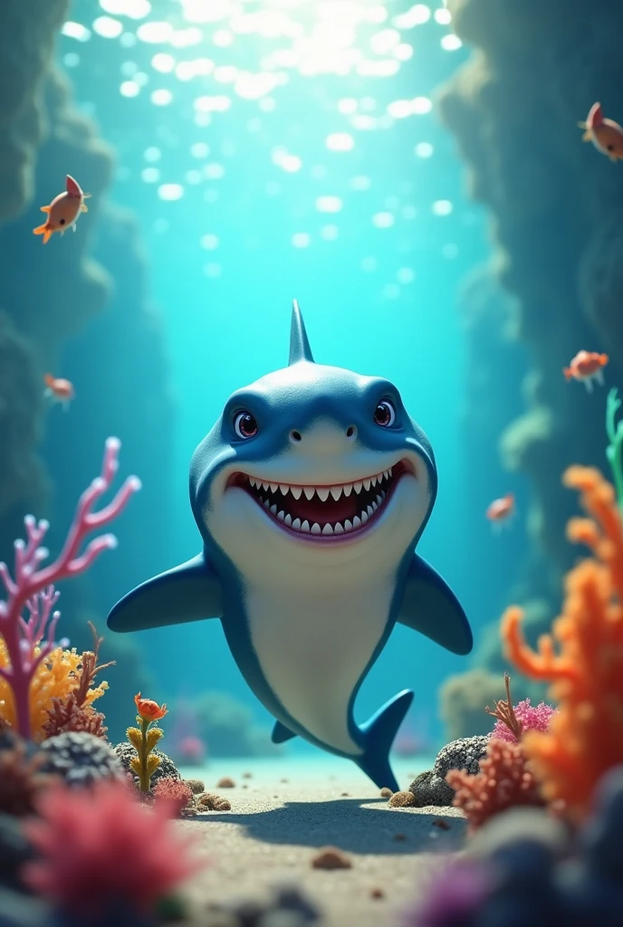 (photorealism:1.2),  Victorious, Sharky grins widely, his own teeth gleaming like pearls, as he reminds all the sea creatures to brush twice a day to keep the Cavity King at bay., soft lighting, plants in background, sunlight rare through the waters, realistic, intricate details, warm colors