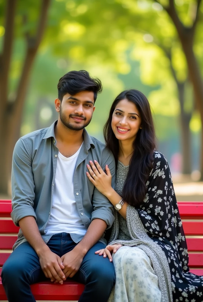 A young couple is sitting on a red bench in a park, a 17 year old Indian young slim body boy with medium length haircut and wearing a grey shirt and t-shirt inner and a 18 year old pakistani young girl wearing a black and white pakistani suit, the young Indian boy has his hand on the young girl's neck and they both are looking at the camera. They are in. The background has a blurred image of green trees and plants. The image is shot in a