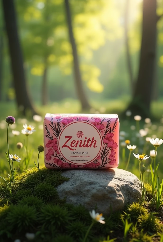 I need promotional type images for a repellent soap with rosemary extract, THE BRAND IS CALLED "Zenith" and the soap is Mexican pink. Let the image be in a wooded area, let the soap have a wrapper with the brand name