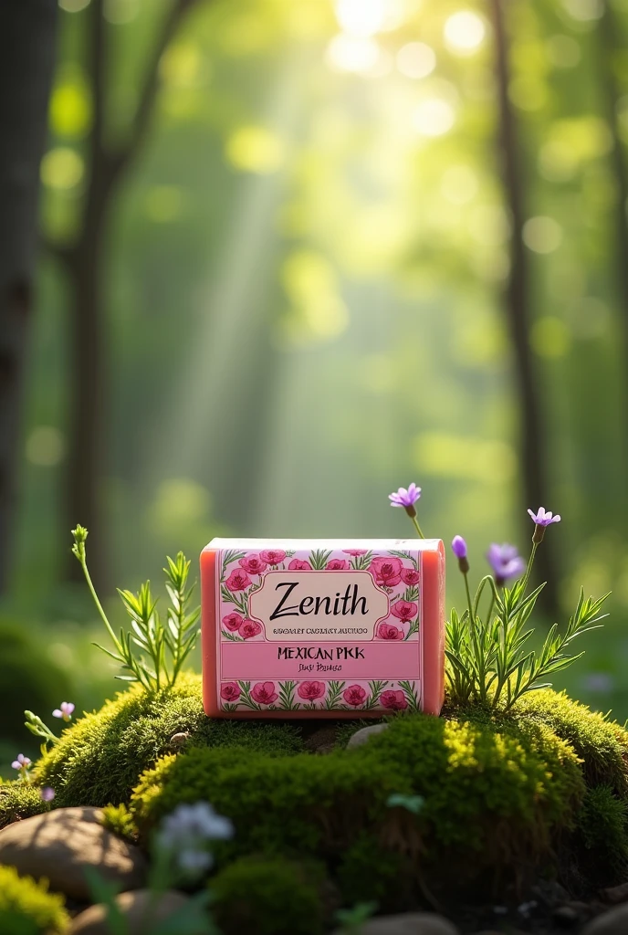 I need promotional type images for a repellent soap with rosemary extract, THE BRAND IS CALLED "Zenith" and the soap is Mexican pink. Let the image be in a wooded area, let the soap have a wrapper with the brand name