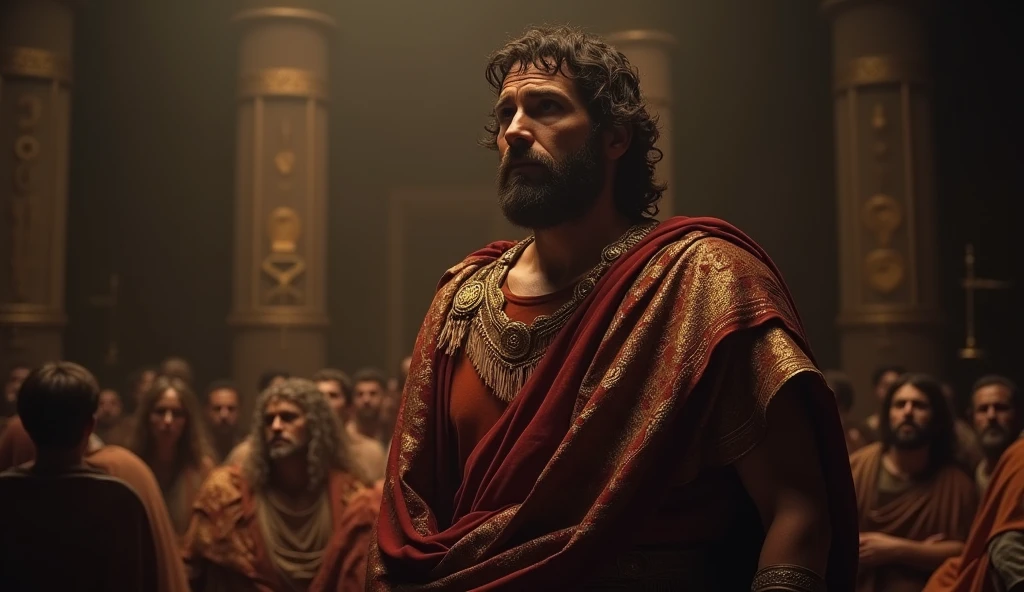 A tense courtroom scene with a large and imposing figure of Pontius Pilate in Roman attire, appearing conflicting while standing before a crowd. The background shows a dimly lit Roman courtroom, with shadows that emphasize the dramatic atmosphere. The color palette includes deep reds, Golden and dark browns, adding to the somber tone. Include subtle graphics of a hammer and scales of justice. The composition highlights Pilate's facial expression of doubt and fear, evoking feelings of drama and suspense.