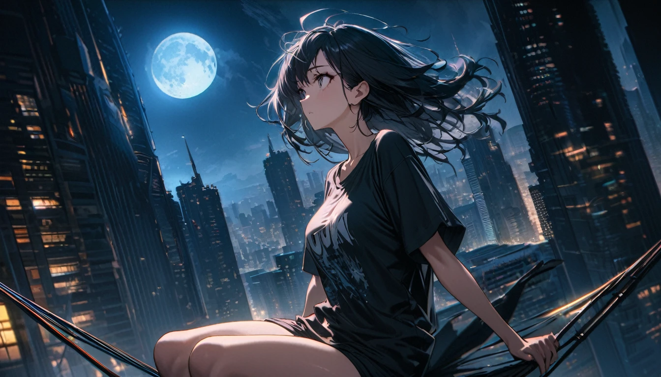 best quality, Ultra-fine, 16K, Ridiculous, Very detailed, Beautiful woman sitting on a swing suspended between two skyscrapers, Stare into the distance, Wearing a long, loose T-shirt, Attractive appearance, Wind, Wind-effect, Moon night scene, (Magnificent views:1.1) , Clock Punk