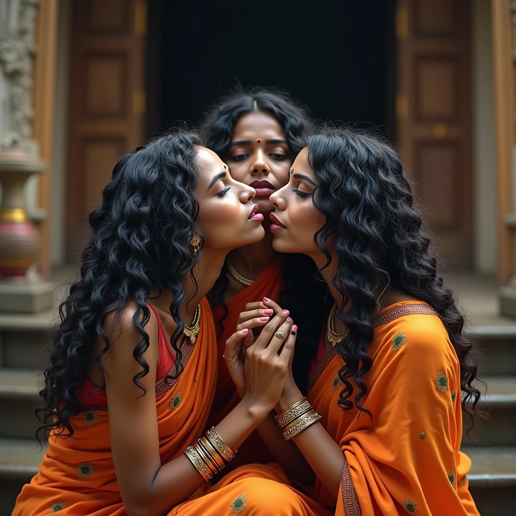 indian kali temple,three younger indian ladies in sarees,unnatural unreal wiered black 3c curly hairs like black springs,It is being coiled and coiled and coiled amd millon times coiled hairs made up in salon exact looking like image prompt,Showered highly wet hairs,Drenched and absorbed oil in their hair,like hair flooded with 10000000000000000000000000000000000000000000 liters of oil and soaked in thier hair,hairs like water pulp,Those hairs got pulpted and makes extremely very thick hair curls like black springs on thier hairs,Their hairs got coiled with oilness,Shinning shinning and shinning like black mirrors stating big thick black springs,one lady kneeled down, other two bend over and licking head scalp of kneeled lady from behind, Like they raping kneeled lady' head scalp with kissing wildly,ladies hairs are totally soaked and extrmely wet and making exactly 3c curly hairs as per the image prompt