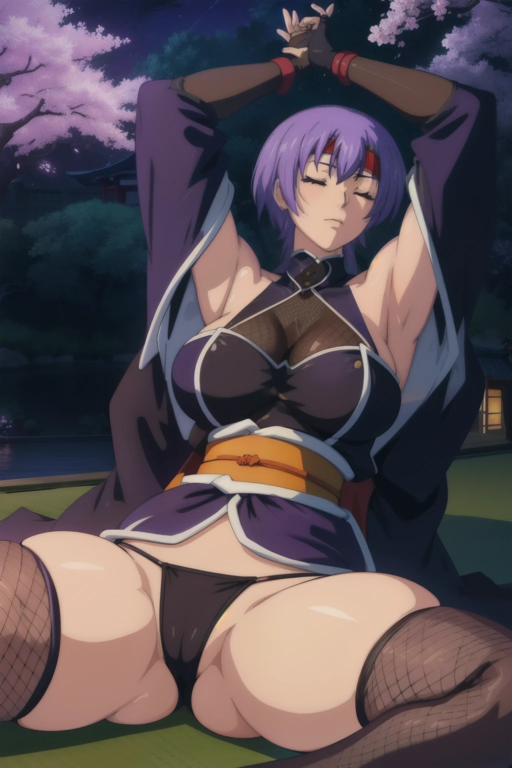 (high quality:1.2), intricate detailed, digital art,
(Hotaru:1.1), 1girl, solo, sleeping, unconscious, on back, lying, spread legs, w arms, 
unhappy, 
purple hair, short hair, closed eyes, forehead, (headband:1.1), 
ninja, short kimono, off shoulder, turtleneck, (fingerless gloves:1.1), sash, thighhighs, fishnets, underwear, thong panties, side-tie panties, kimono lift, 
large breasts, curvy,
outdoors, japanese garden, night, cherry blossoms, complex background,
 