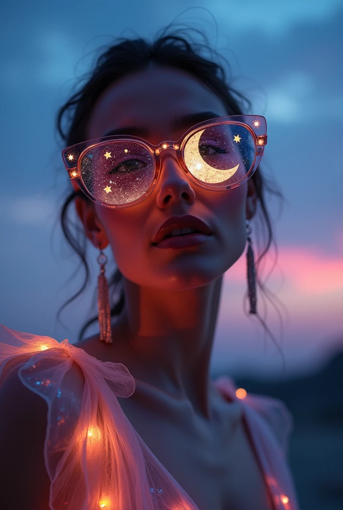 The model is wearing glass sunglasses with stars and the moon on the glass