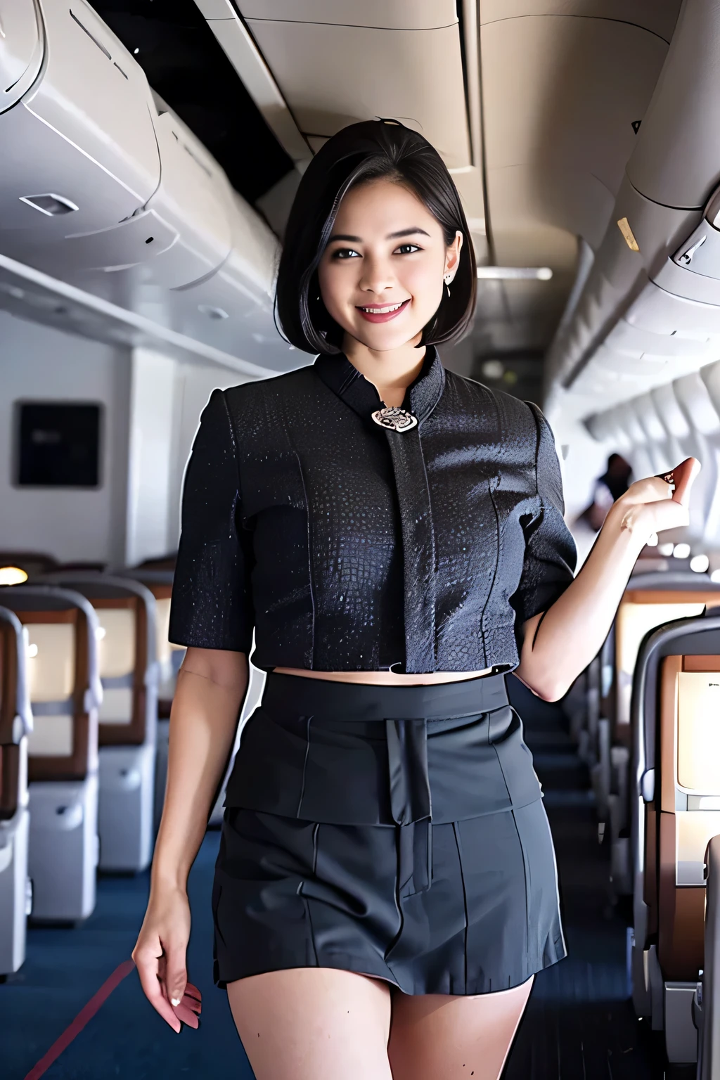 1beautiful womanl, 28years、hyperdetailed face、Detailed lips、A detailed eye、double eyelid、(Black bob hair、Smiling while walking gracefully down the aisle)、(Stewardess uniform:1.2)、((mini skirt:1.5)) (Glamorous body)、(Colossal tits)、（large full breasts）（big butts）（Plump body）（plump body shape）（ large full breasts）（Colossal tits）((J-Cup))、highs thighs thighs thighs, Perfect fit, Perfect image realism, Background with: (Business Class aisle on airplanes:1.2), Cowboy Shot, Meticulous background, detailed costume, Perfect litthing、Hyper-Realism、(Photorealsitic:1.4)、8K maximum resolution, (​masterpiece), ighly detailed, Professional