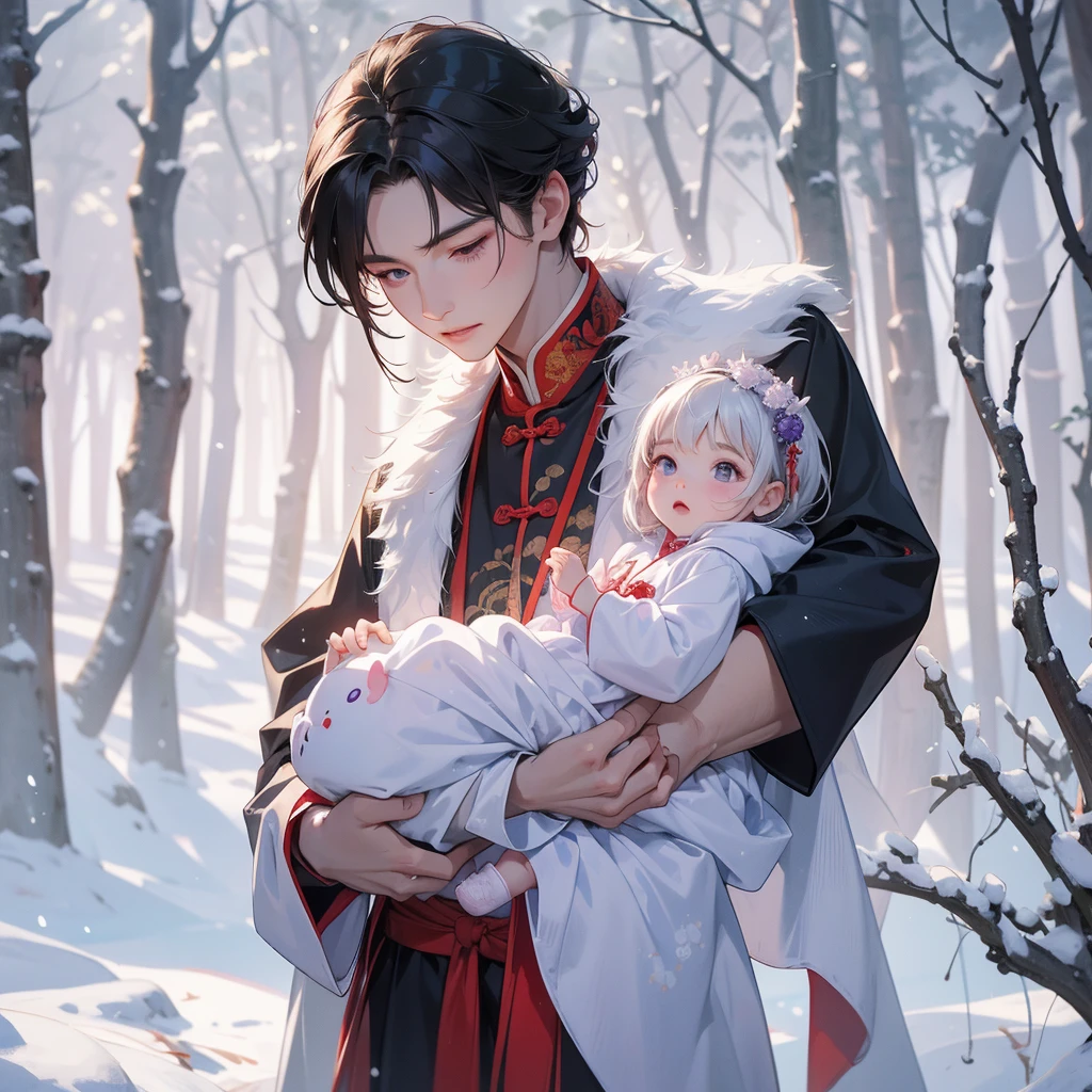 A one-year-old baby boy in violet ancient Chinese baby costume with his beautiful mother, wearing an ancient Chinese costume, Walking in a forest covered in white snowstorms. A very strong blizzard The trees were completely covered with white snow, playing with each other. His handsome father is standing next to his mother.