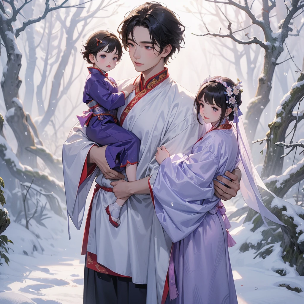 A one-year-old baby boy in violet ancient Chinese baby costume with his beautiful mother, wearing an ancient Chinese costume, Walking in a forest covered in white snowstorms. A very strong blizzard The trees were completely covered with white snow, playing with each other. His handsome father is standing next to his mother.