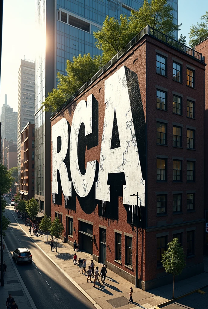 RCA letters in black and white graffiti on a large city building