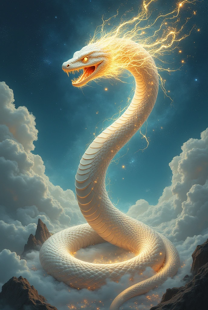 Ancient tall 
shiny white Snake with gold eyes 8 years old with stand ,using magic in mouth open in reality 
