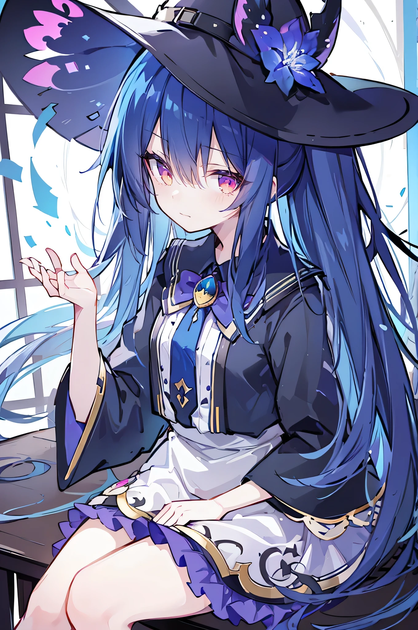oung Girls,Humanity,A magician always smiles,big witch hat,cute,dark blue long hair,The eyes are dull,The bangs are heavy,Thin eyebrows,fantasy,intake,Double teeth,Star Theme,Constellation pattern,Solid color clothetal decoration,cloak,A bit of a dark atmosphere,A little crazy smile,When the big moon shines outside at night,blood,Hair black star embellishment,Short tie,No nails,High waist skirt,Bell sleeves,Long-sleeved shirt,Black tie,low risk,gentlemen。Mist、Yellow and white effect,Shocking pink as an accent color,(Masterpiece:1.2),Ultra-detailed,lifelike,The eyes are expressive,Fair skin,Perfect face shape,1 girl,Japanese Manga,Gorgeous blue hair,Flowing blue hair,Flowing clothes,Cat ears,Petals falling,Shy face,sitting on window,Place your hand on your lips,masterpiece, absurdres, novel cover, cover illustration, 1girl, solo, dark blue-haired ponytail, mage robes, flower background, clock background, monochrome, line drawing