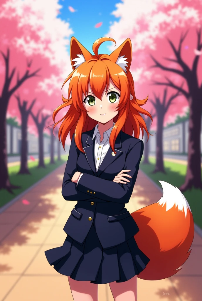 A girl with orange hair and a white strand, with 9 kitsune fox tails, anime style like My Hero Academia, with their My Hero Academia Academy uniform.A