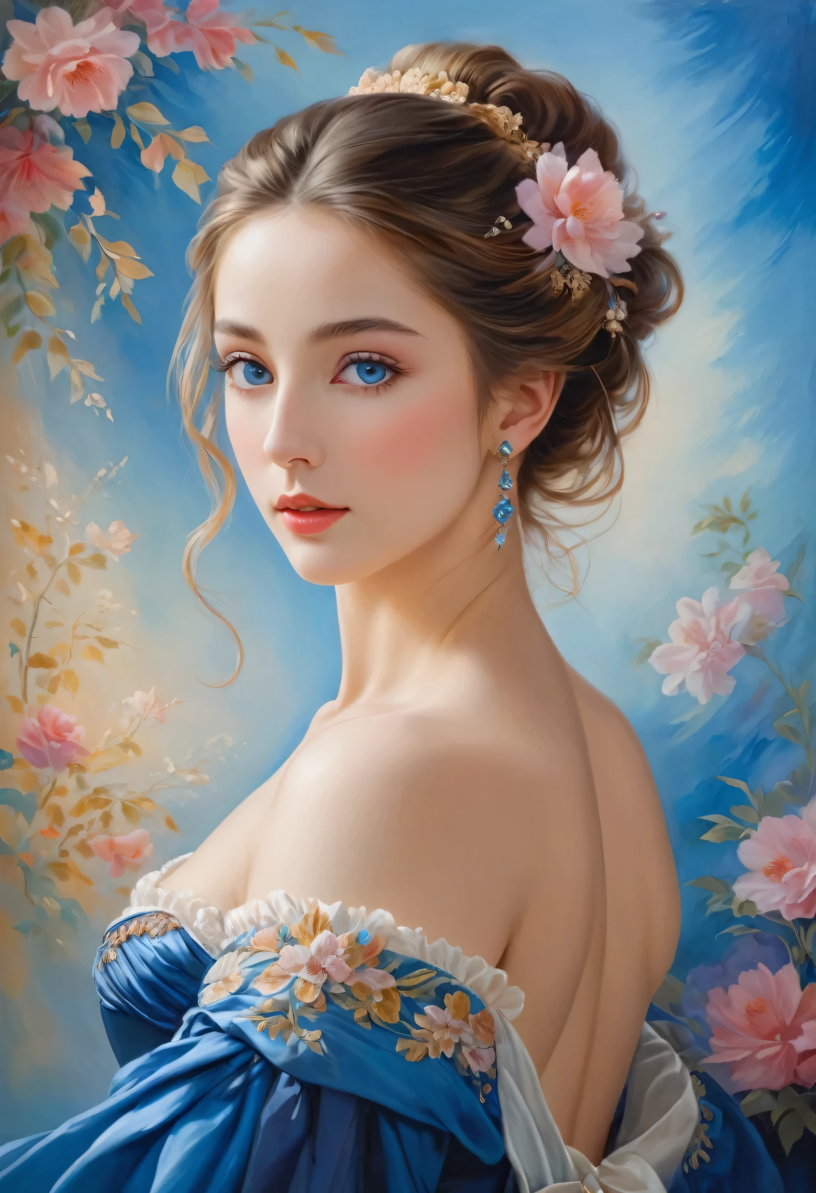(High resolution,masterpiece:1.2),(Realistic:1.37)"(Highest quality, High resolution, Very detailed, Realistic),A beautiful portrait of a French ballet dancer from the 19th century., (She is half French and half Japanese., She is a beautiful woman with deep blue eyes and a high nose.:1.1), Exquisite ballet costumes, Detailed facial features, Long and graceful neck, Flowing locks of hair, Calm and elegant posture, Soft and delicate lighting, Classical Oil Painting Medium, Vibrant colors, Delicate background with floral motifs", Dreamy atmosphere, Surrealism,Mysterious Aura