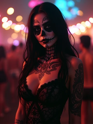a surreal beautiful woman with a detailed skull face, smiling, long black hair, piercing eyes, delicate facial features, elegant neck, wearing a black sheer lace dress, Sexy curvy voluptuous hourglass body. Her large breasts protrude from her cleavage. Sexy tattoos on boobs. standing in a vibrant colors party at night with glowing fireflies, cinematic lighting, dark moody colors, highly detailed, digital painting, concept art, photorealistic.