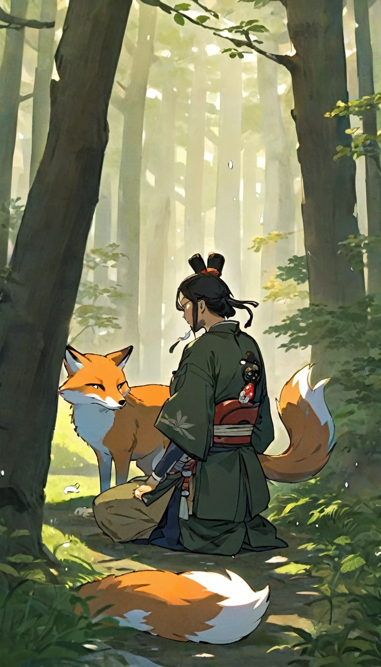 A samurai watching a fox with tears in his eyes, the fox’s elusive nature mirroring his own feelings of loss, the forest around them tinged with the colors of melancholy.