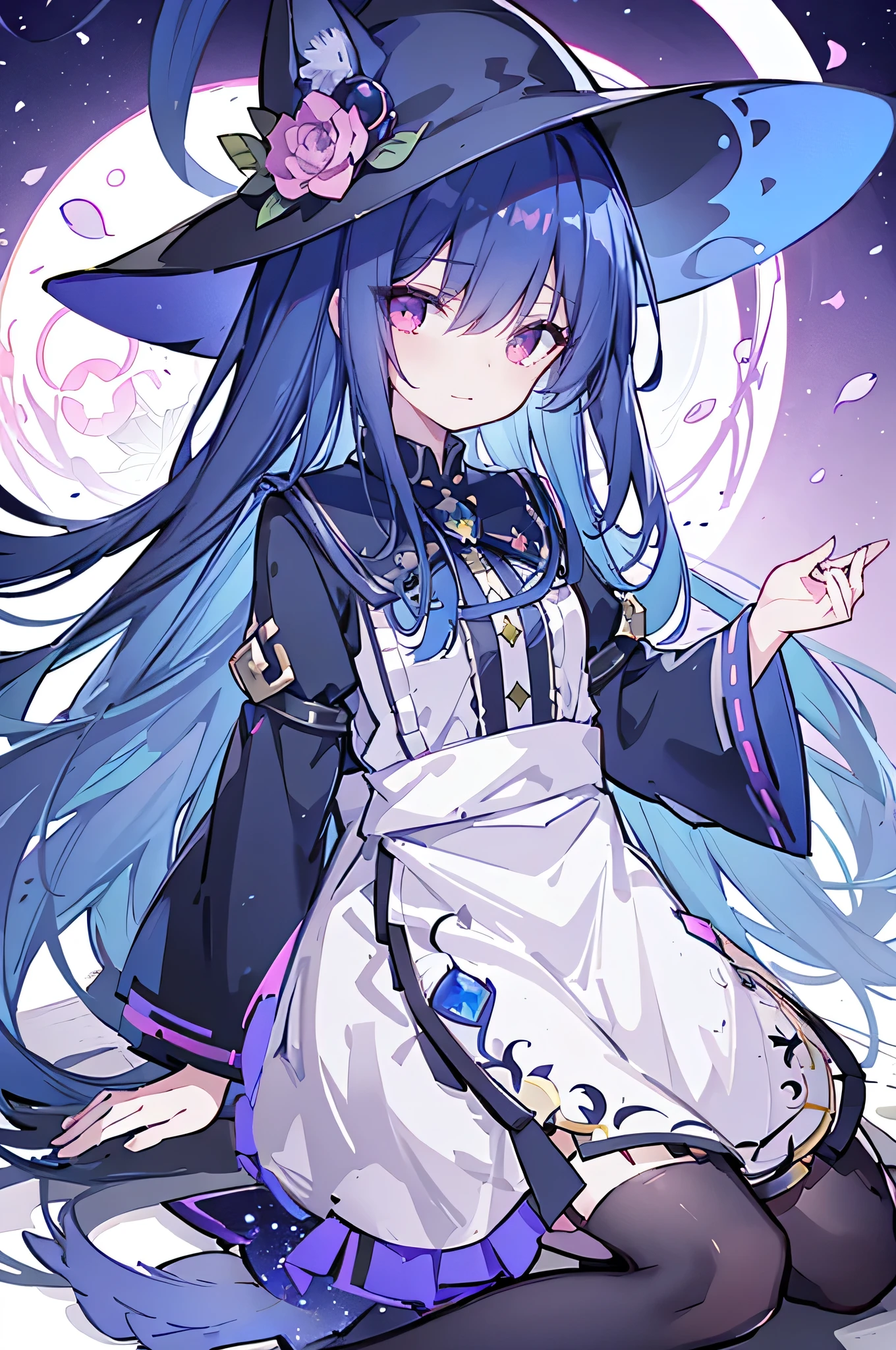oung Girls,Humanity,A magician always smiles,big witch hat,cute,dark blue long hair,The eyes are dull,The bangs are heavy,Thin eyebrows,fantasy,intake,Double teeth,Star Theme,Constellation pattern,Solid color clothetal decoration,cloak,A bit of a dark atmosphere,A little crazy smile,When the big moon shines outside at night,blood,Hair black star embellishment,Short tie,No nails,High waist skirt,Bell sleeves,Long-sleeved shirt,Black tie,low risk,gentlemen。Mist、Yellow and white effect,Shocking pink as an accent color,(Masterpiece:1.2),Ultra-detailed,lifelike,The eyes are expressive,Fair skin,Perfect face shape,1 girl,Japanese Manga,Gorgeous blue hair,Flowing blue hair,Flowing clothes,Cat ears,Petals falling,Shy face,sitting on window,Place your hand on your lips,masterpiece, absurdres, novel cover, cover illustration, 1girl, solo, dark blue-haired ponytail, mage robes, flower background, clock background, monochrome, line drawing
