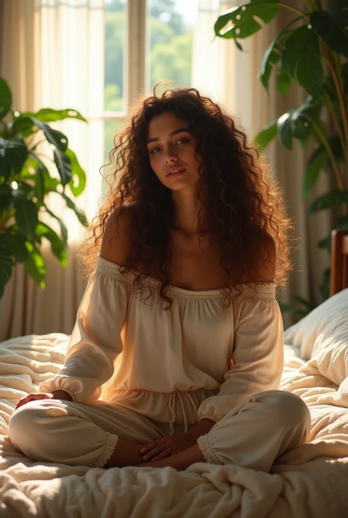 (photorealism:1.2), beautiful woman, sitting on bed, wearing loose off-shoulder top, pajama pants, long curly hair, indoors, soft lighting, plants in background, window with sunlight, cozy room, relaxed pose, realistic, intricate details, warm colors, by Greg Rutkowski, by Alphonse Mucha