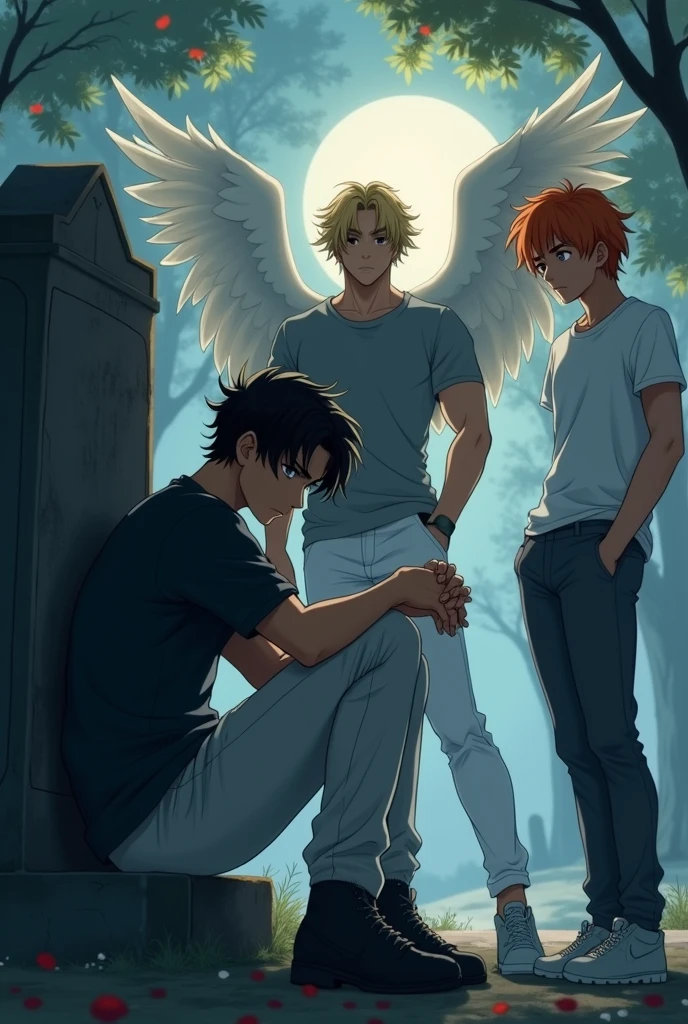 First character: A guy with long black hair, gray eyes, Beautiful face, Beautiful skinny body, black T-shirt, black trousers, black boots,sad, sitting in a graveyard in front of a headstone. The second character is a guy: blond, Beautiful, Pumped up body, in a gray shirt and white pants, black boots, with large angel wings and brown eyes. Third Character: guy with orange hair, in a white T-shirt and dark gray pants, Brown boots, Blue eyes, Large angel wings. anime art, masterpiece, realistically, super detail, Hand detailing, 