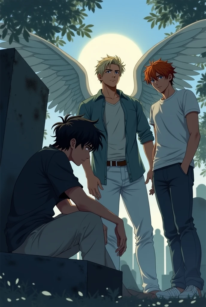 First character: A guy with long black hair, gray eyes, Beautiful face, Beautiful skinny body, black T-shirt, black trousers, black boots,sad, sitting in a graveyard in front of a headstone. The second character is a guy: blond, Beautiful, Pumped up body, in a gray shirt and white pants, black boots, with large angel wings and brown eyes. Third Character: guy with orange hair, in a white T-shirt and dark gray pants, Brown boots, Blue eyes, Large angel wings. anime art, masterpiece, realistically, super detail, Hand detailing, 