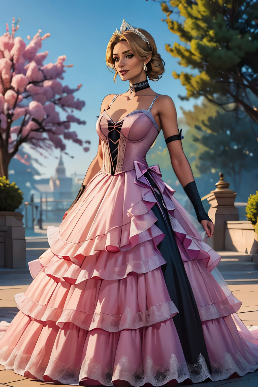 Sareena MK, hair between eyes, ahoge, blonde hair, star \(symbol\), hair ornament, ruffled tulle dress, cleavage, bare shoulders, collarbone, long black elbow gloves, black gloves, black dress, black choker, strapless, tiara, veil, strapless dress, princess dress, veil, beautiful woman, perfect body, perfect breasts, wearing a princess dress, ball gown, in the park trees, wedding decorations, a warm smile, realism, masterpiece, textured skin, super detail, high detail, high quality, best quality, 1080p, 16k