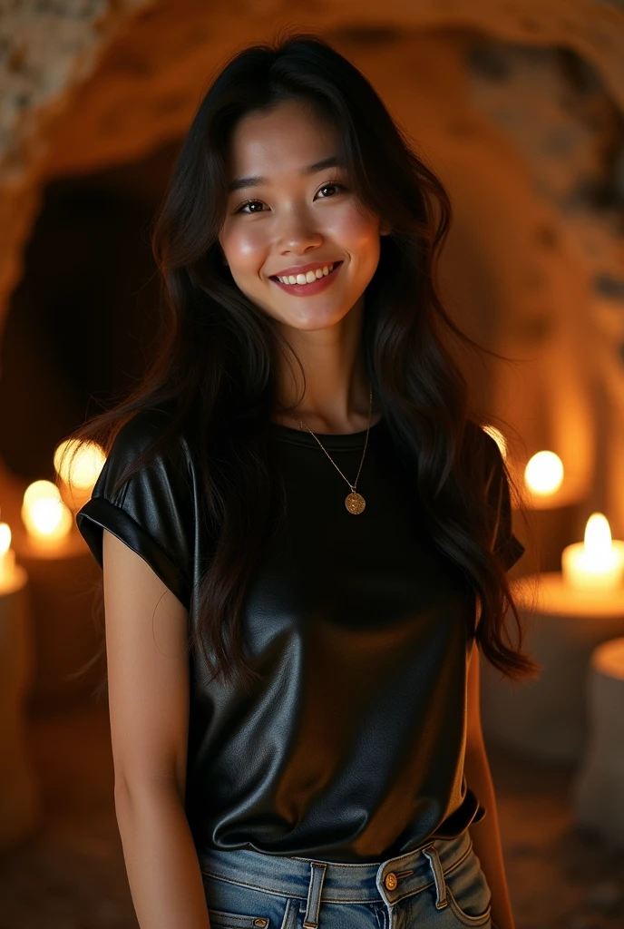 photo of a beautiful Korean woman, (beautiful smile facial expression), textured leather, goosebumps, long hair,fashion t-shirt.with long jeans cowboy photo, dark and mysterious cave with unique rock formations and hidden wonders, perfect eyes, (candlelight, chiaroscuro), Porta 160 color, photographed with ARRI ALEXA 65, bokeh, sharp focus on subject, photographed by Don McCullin