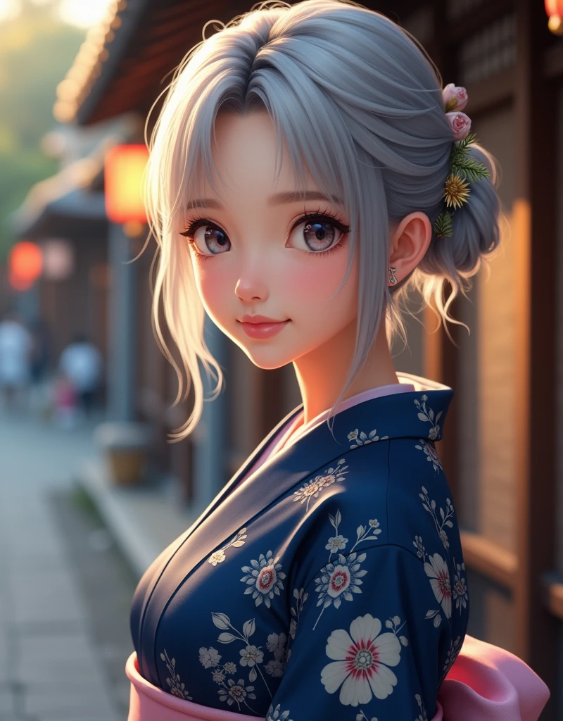 (RAW photo, best quality, masterpiece: 1.2), (photorealistic: 1.4), best lighting, 20 years old, (light gray hair, short cut, hair over one ear, Symmetrical eyes, fair skin, solo, Detailed Skin, Detailed Background:1.2), ((Latin girl)), Navy yukata with white floral pattern, hair tied back, smiling, light pink obi, selfie, evening,