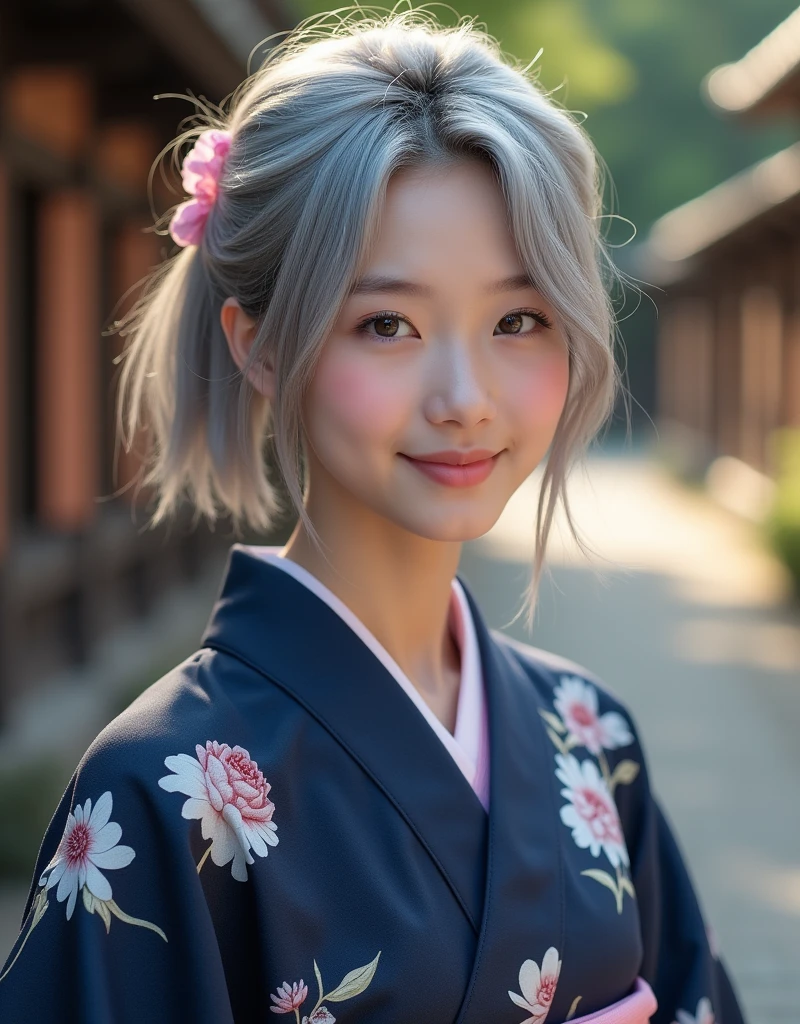 (RAW photo, best quality, masterpiece: 1.2), (photorealistic: 1.4), best lighting, 20 years old, (light gray hair, short cut, hair over one ear, Symmetrical eyes, fair skin, solo, Detailed Skin, Detailed Background:1.2), ((Latin girl)), Navy yukata with white floral pattern, hair tied back, smiling, light pink obi, selfie, evening,