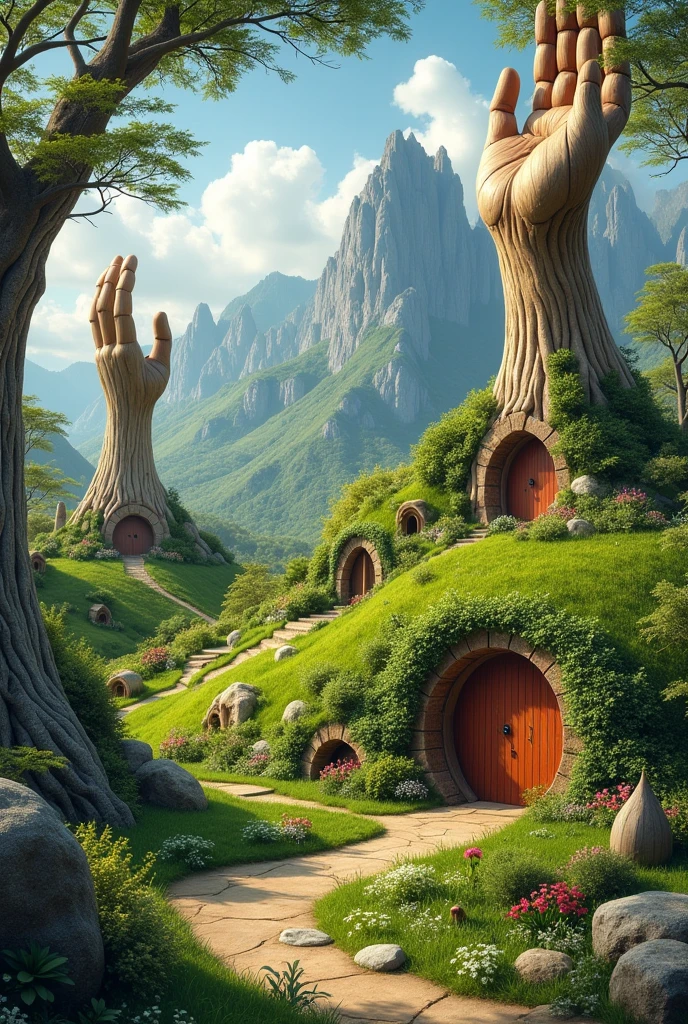 This image depicts a whimsical, surreal landscape with houses that have organic, tree-like structures integrated into their design. The scene features rolling green hills, quaint, round-door homes reminiscent of hobbit dwellings, and large wooden hand-shaped structures emerging from the grassy ground. The whole scene feels fantastical, blending nature with man-made elements in a very imaginative way. The towering mountains and clear blue sky in the background add to the serene and magical atmosphere.