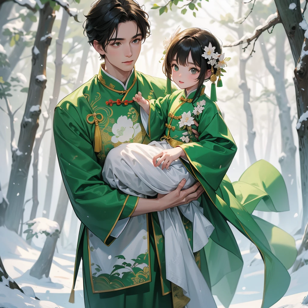 A one-year-old baby boy in green ancient Chinese baby costume with his beautiful mother, wearing an ancient Chinese costume, Walking in a forest covered in white snowstorms. A very strong blizzard The trees were completely covered with white snow, playing with each other. His handsome father is standing next to his mother.
