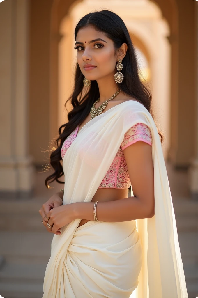 anusha in a white sari with pink and white blouse A symphony of highly detailed wonders, illuminated with smooth lighting; behold the hyperrealistic marvel trending on ArtStation, Shot with Canon EOS R5 Wide Angle Lens,, crafted in Greg Rutkowski style