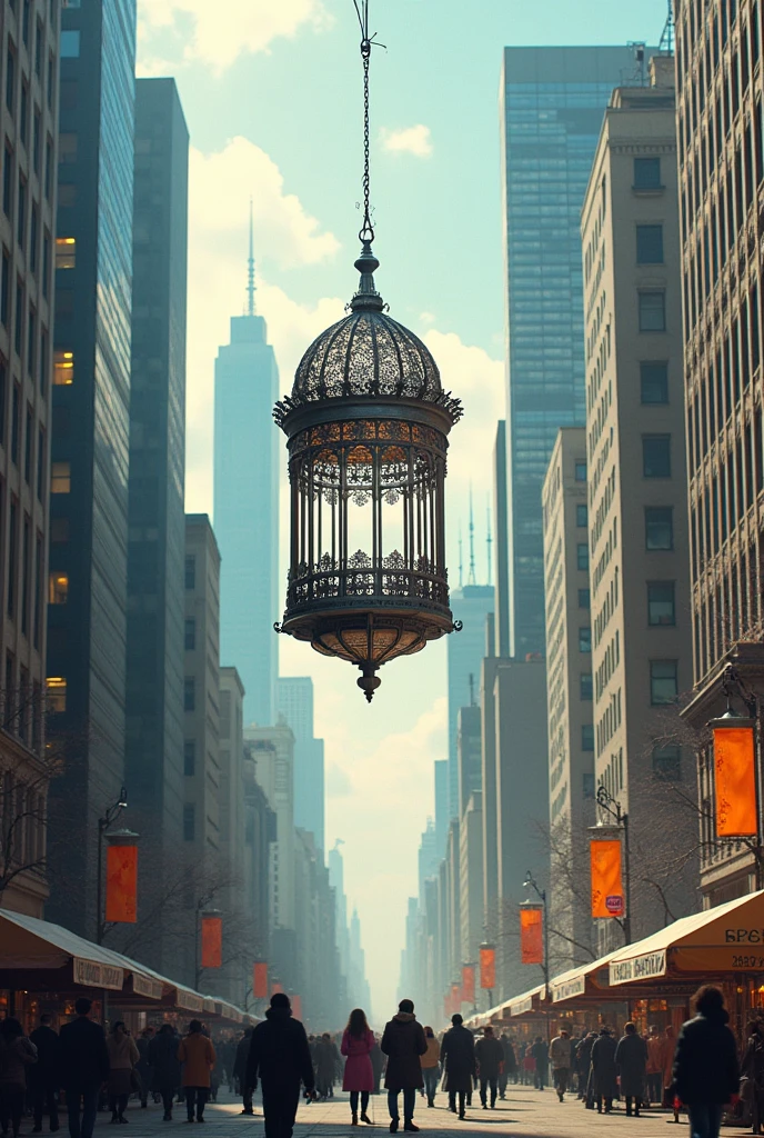 A picture with buildings and a cage hanging in center