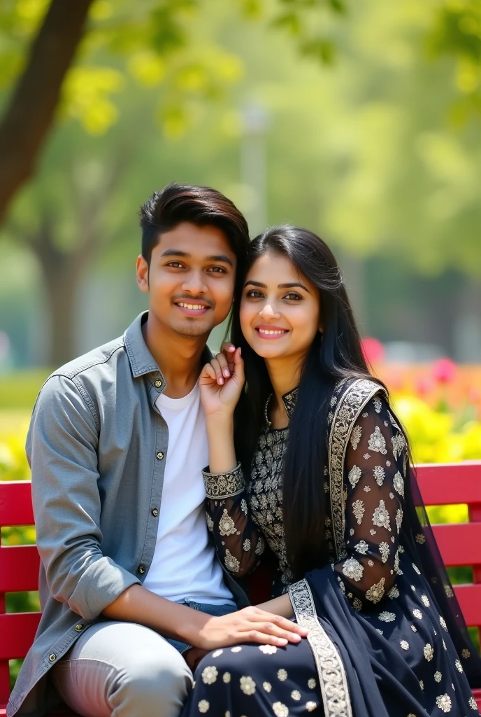 A young couple is sitting on a red bench in a park, a 17 year old Indian young slim body boy with medium length haircut and wearing a grey shirt and t-shirt inner and a 18 year old pakistani young girl wearing a black and white pakistani suit, the young Indian boy has his hand on the young girl's neck and they both are looking at the camera. They are in. The background has a blurred image of green trees and plants. The image is shot in a