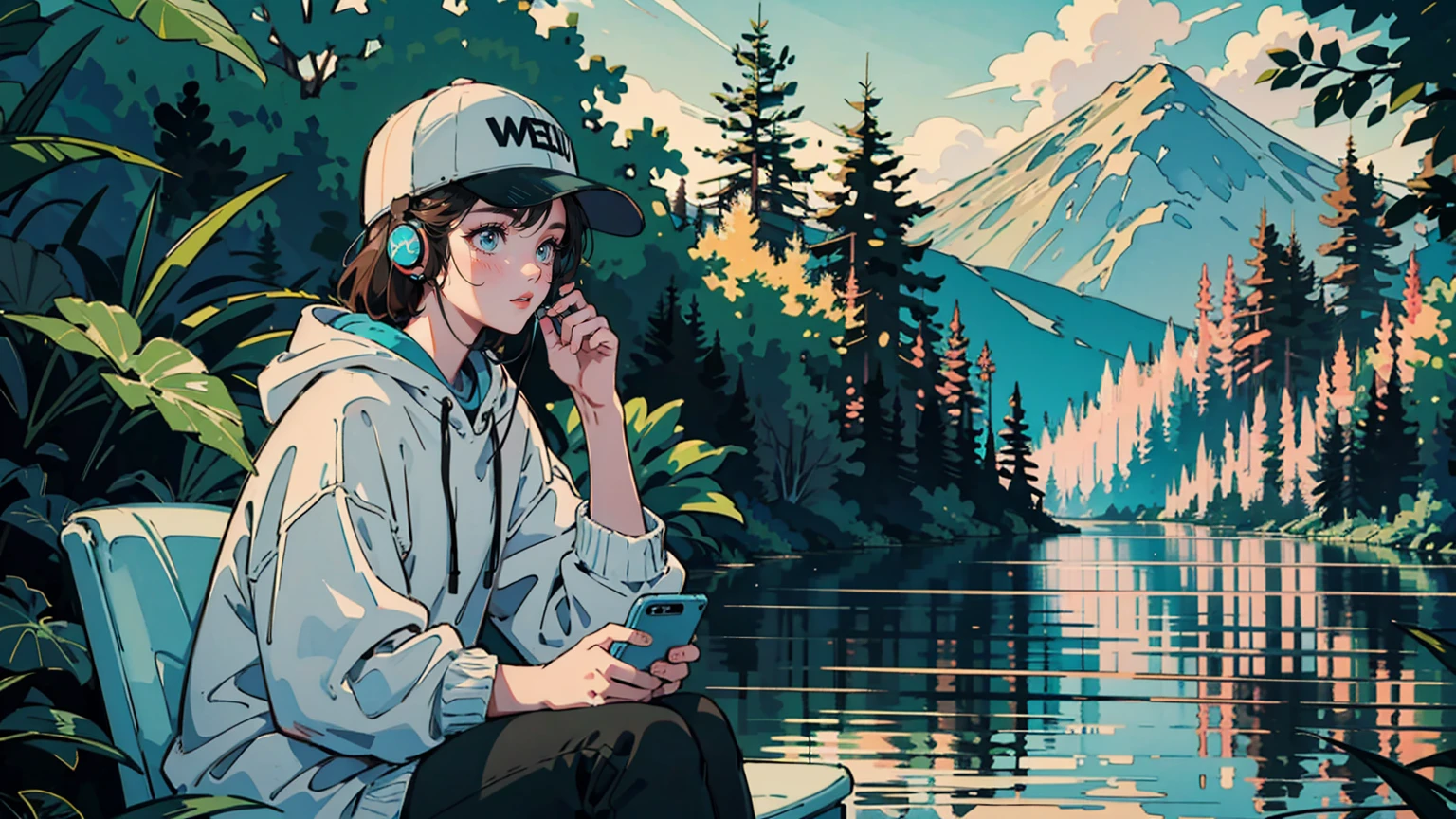 Young woman in scenic nature, listening to chill playlist. Overlooking serene lake surrounded by lush green forests. She wears a white sweatshirt with 'SLEEP' logo, blue baseball cap, and black jeans. Large headphones on, adjusting with one hand. Other hand holds smartphone. Long brown hair visible under cap. Casual, relaxed pose. Foreground shows some leafy plants. Background: tranquil water and tree-covered hills. Soft, natural lighting