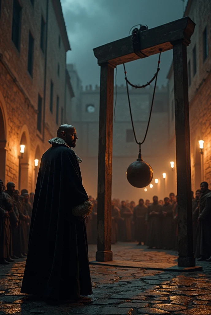 Galileo next to a guillotine and people around him