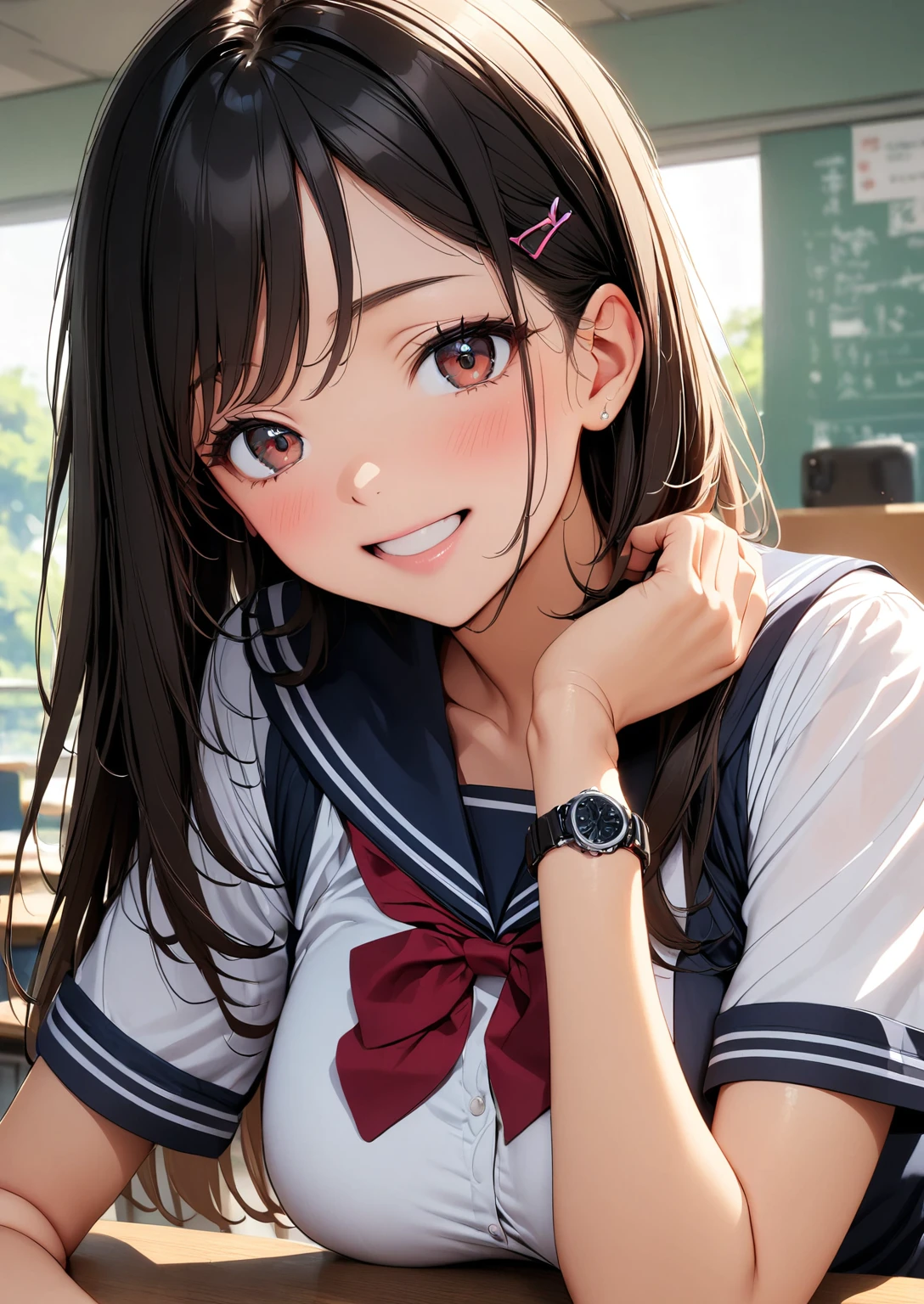 Smartphone on desk, (The smartphone screen displays a photo of myself in a swimsuit.)、 1 person, Black Hair, Shortcuts, Hair Clip,Watch viewers embarrassedly, School uniforms, Short-sleeved sailor uniform, classroom, blush, smile, Open your mouth a little, Light and shadow with attention to detail, Background Blur:1.2, Shallow depth of field, (Highest quality:1.2, 4K, 8k, Very detailed, Attention to detail, masterpiece:1.2, Best aesthetics),