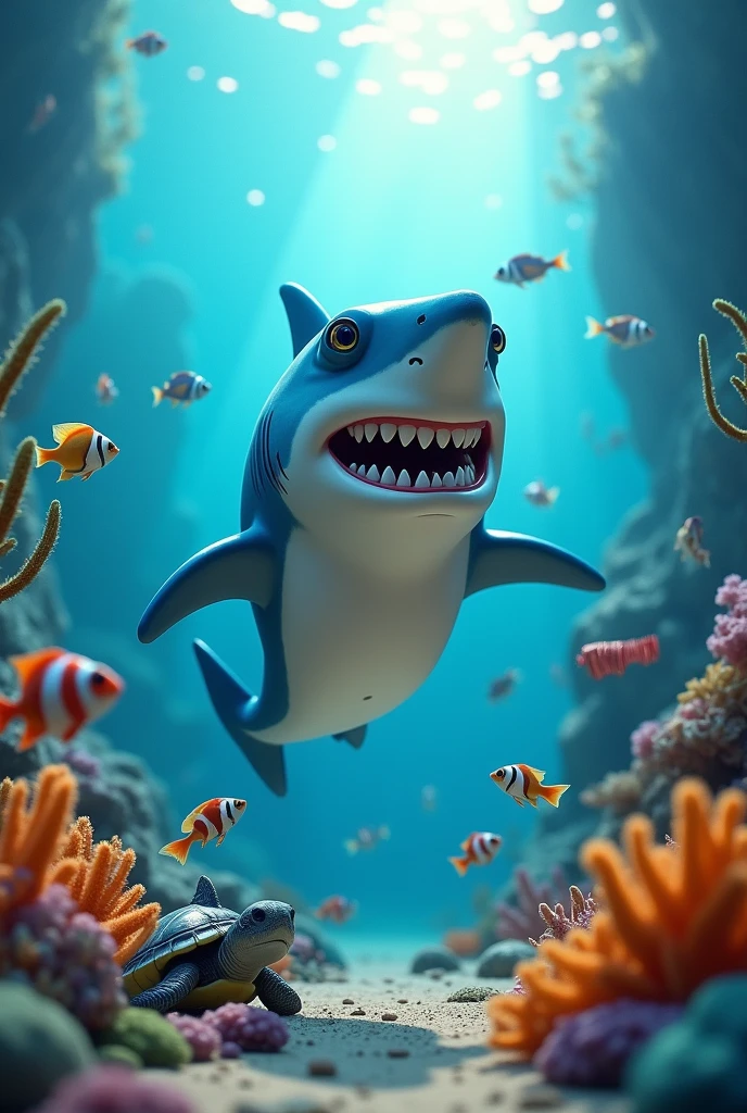 (photorealism:1.2), Victorious, Sharky grins widely, his own teeth gleaming like pearls, as he reminds all the sea creatures to brush twice a day to keep the Cavity King at bay., soft lighting, plants in background, sunlight rare through the waters, realistic, intricate details, warm colors, friends,