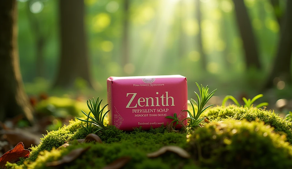 I need promotional type images for a repellent soap with rosemary extract, THE BRAND IS CALLED "Zenith" and the soap is Mexican pink. Let the image be in a wooded area, let the soap have a wrapper with the brand name
