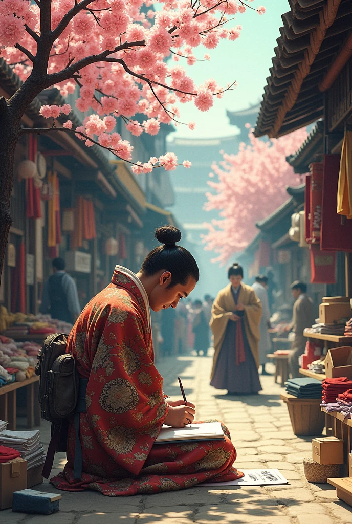 EDO era japanese merchant, he calculate it with brush. He is SEIZA styles.