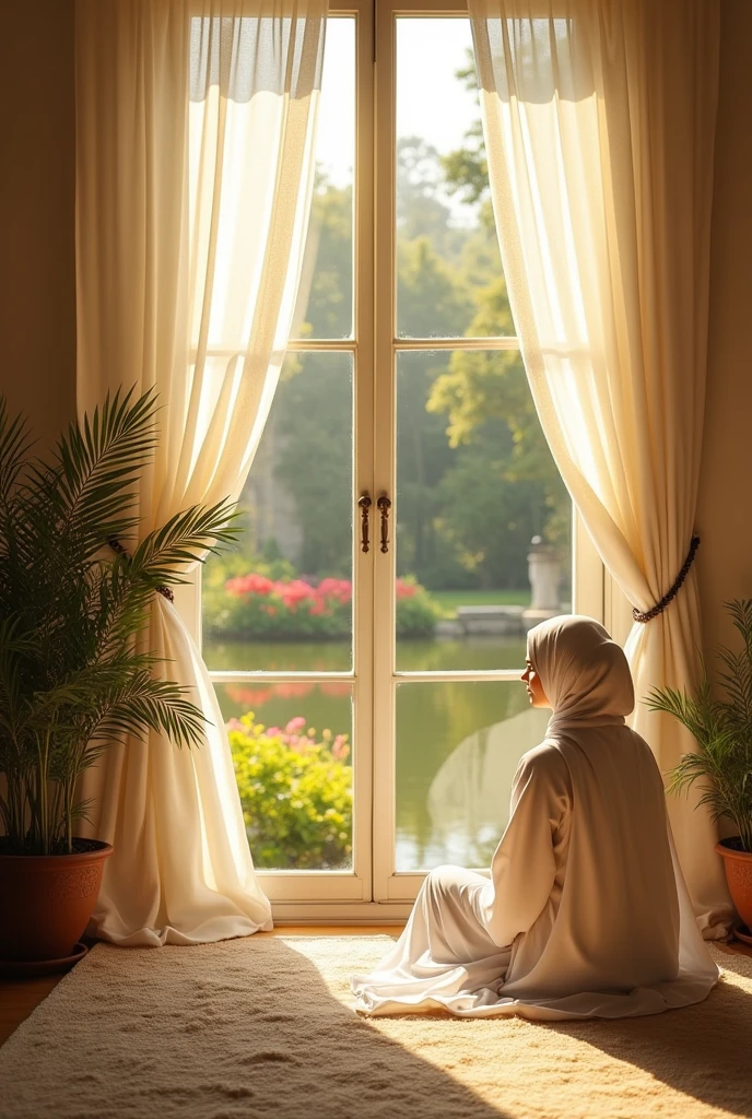 A beautiful scenery seen through window, white long curtains , bright sunlight,a pond and a flower garden is seen through the window,a lady doctor is sitting in the garden, wearing a off-white colour hijab