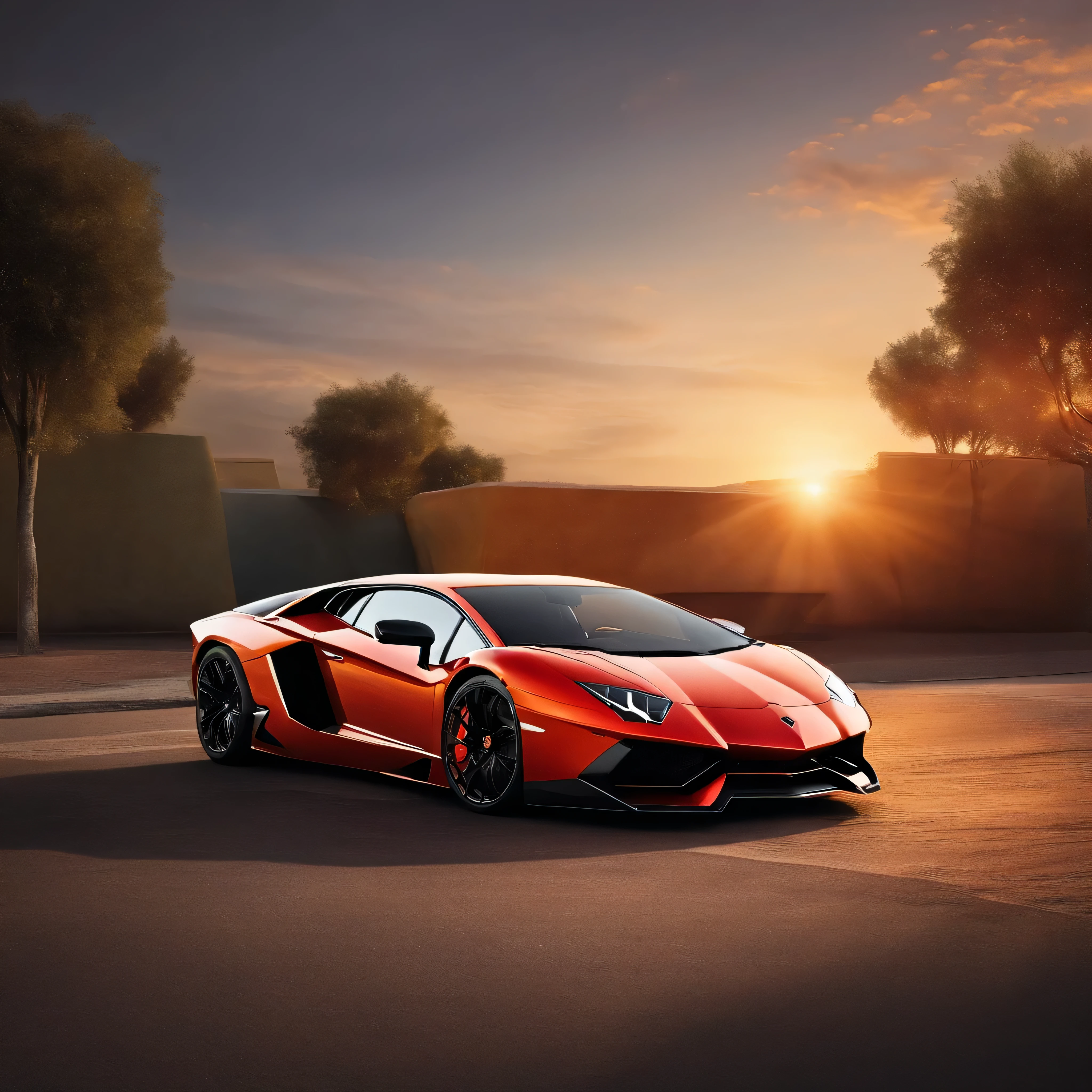 "Create an artistic rendering of a Lamborghini Aventador. The car should be placed in a dynamic, urban environment with a sunset backdrop, casting long shadows. Use a vibrant, painterly style with bold brushstrokes that blend realism with an abstract touch. Incorporate splashes of bright colors—reds, oranges, and yellows—to emphasize the sunset and the sleek lines of the car. The Lamborghini should be the focal point, with the cityscape and sunset providing a striking but complementary background. The overall feel should be a mix of modern luxury and artistic flair."
