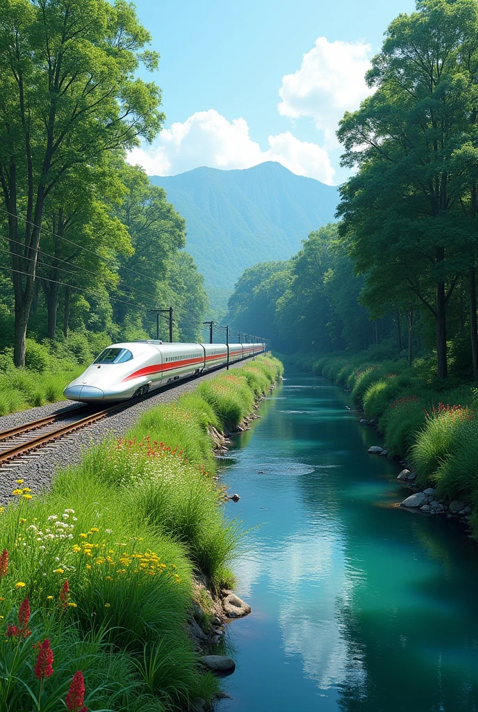 On the tracks、bullet train、Landscape、River in the middle、Trees around、Riverbank、close to the ground、Riverbank