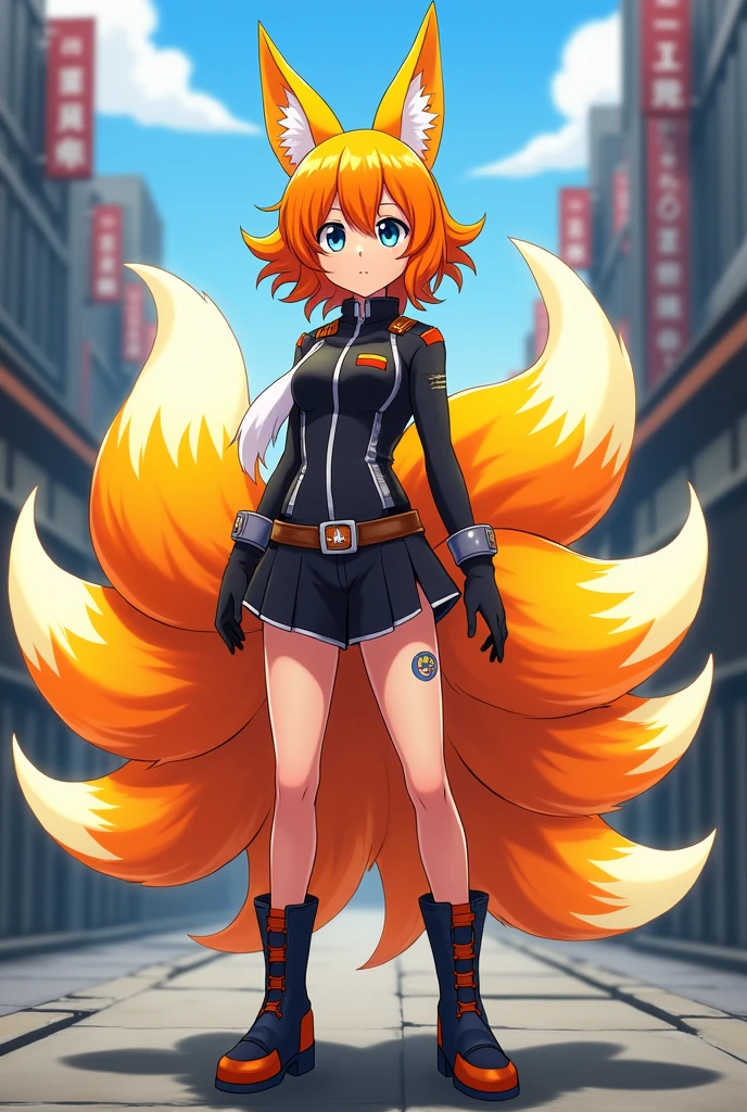 A girl with orange hair and a white strand, with 9 kitsune fox tails, anime style like My Hero Academia, with their My Hero Academia uniform.A